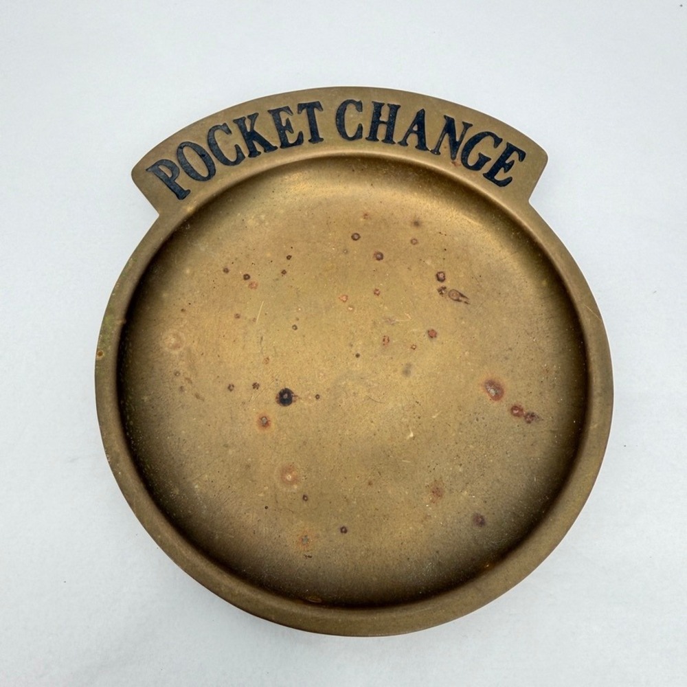 Vintage Brass Pocket Change Valet Tray Round Coin Dish Catchall Entryway‎ Decor